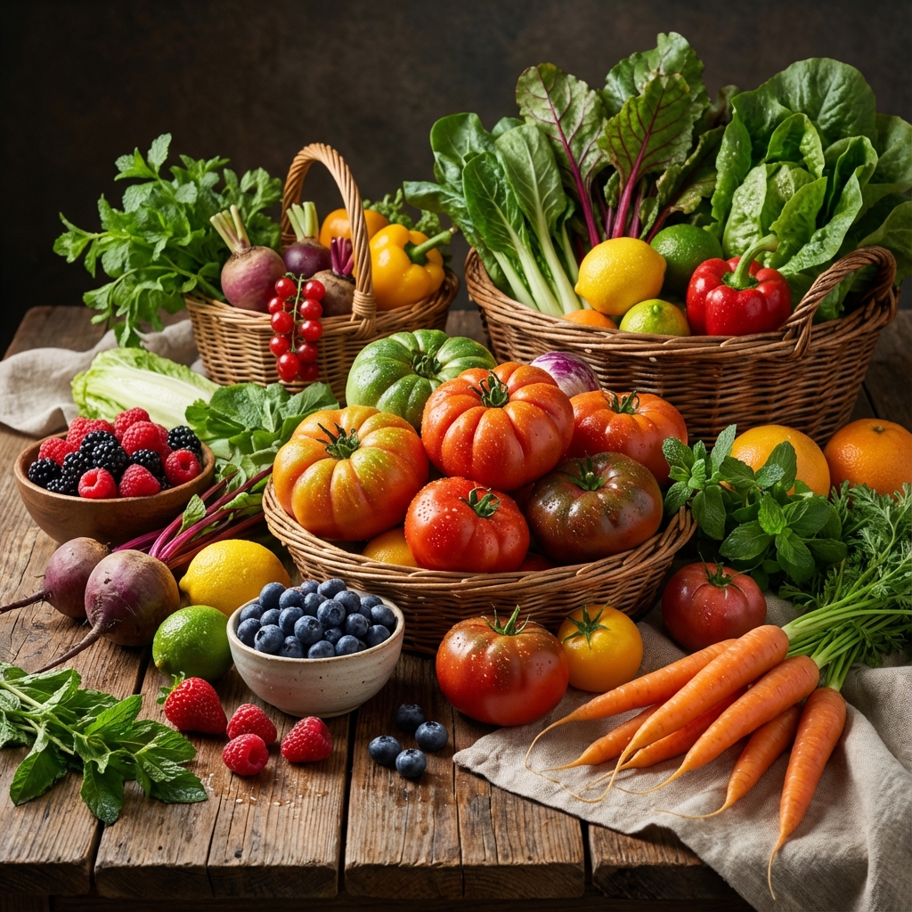 A professional photography shot of fresh healthy vegetables and fruits on a wooden table, vibrant colors, studio lighting, no people
